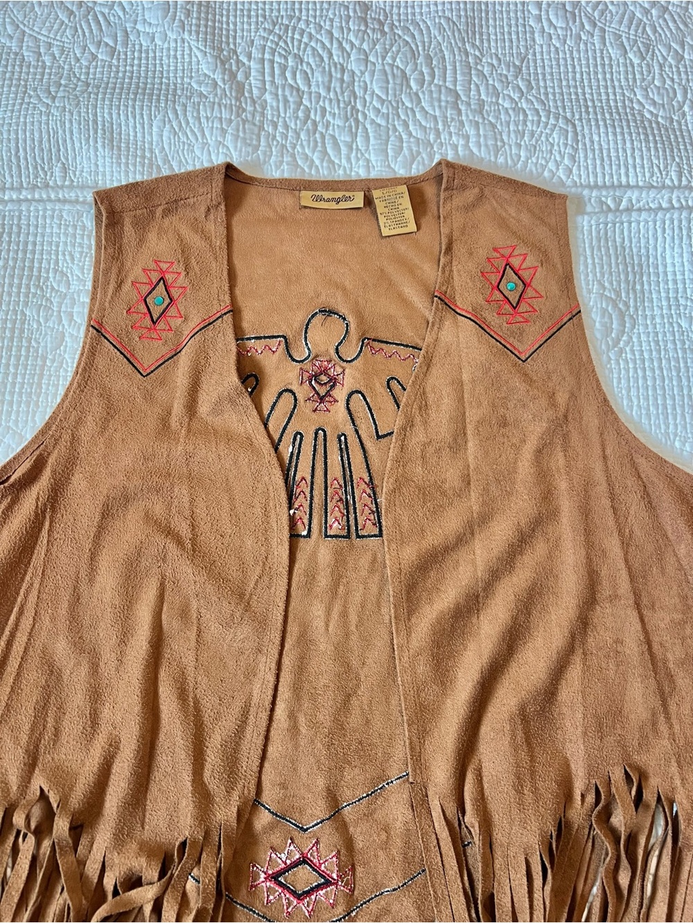 RARE Wrangler Faux-Suede Long Fringe Thunderbird Vest - Picture 4 of 10